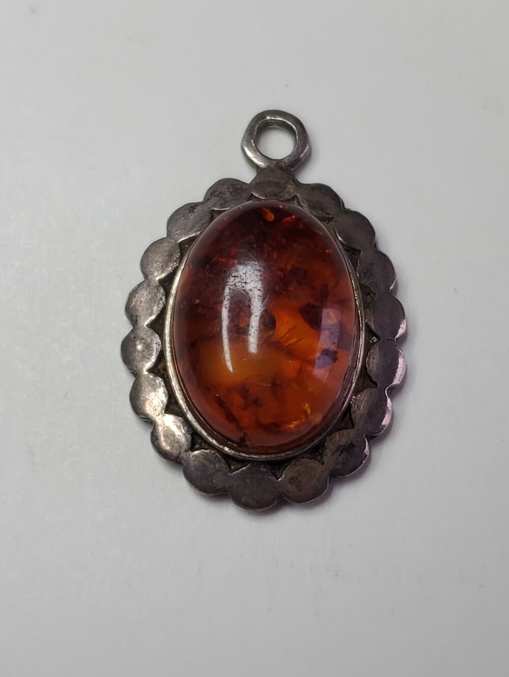 Sterling Silver Amber Pendant Necklace - Deep Orange Cabochon
